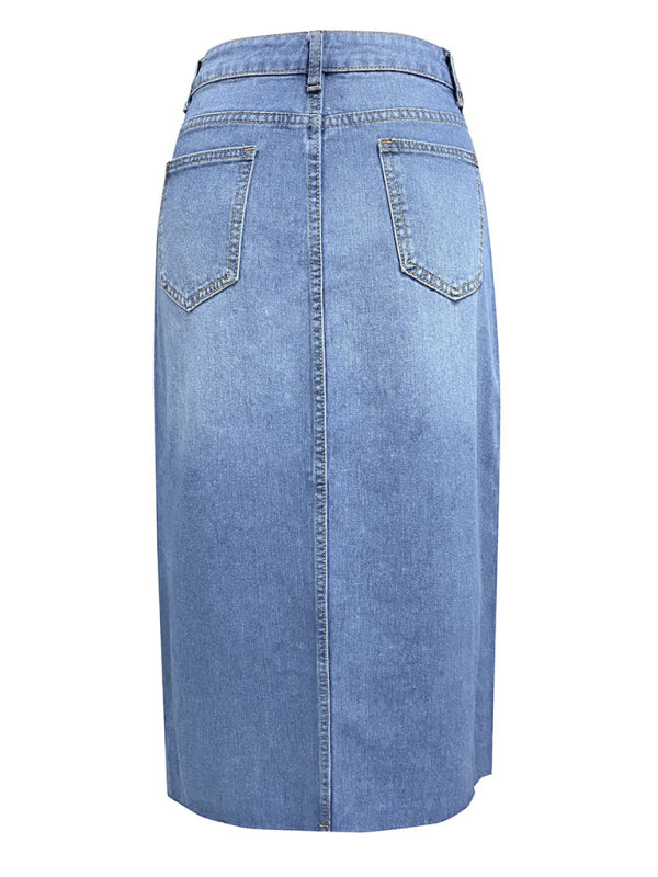 Front Slit Denim High Waist A Line Midi Skirt