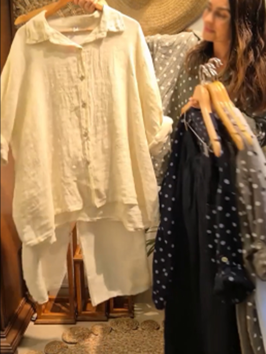 Casual Polka Dot Linen And Cotton Shirt And Trousers Two-piece Set