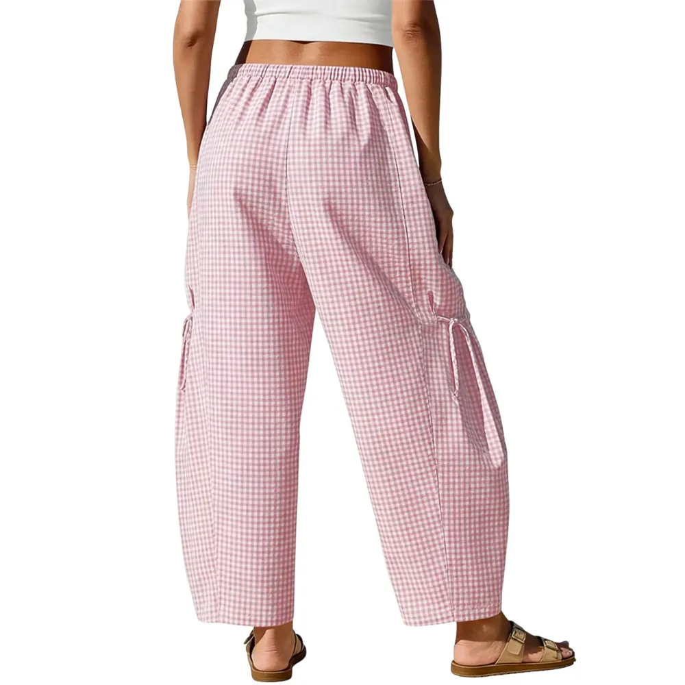 Womens Wide Leg Gingham Striped Plaid Pants