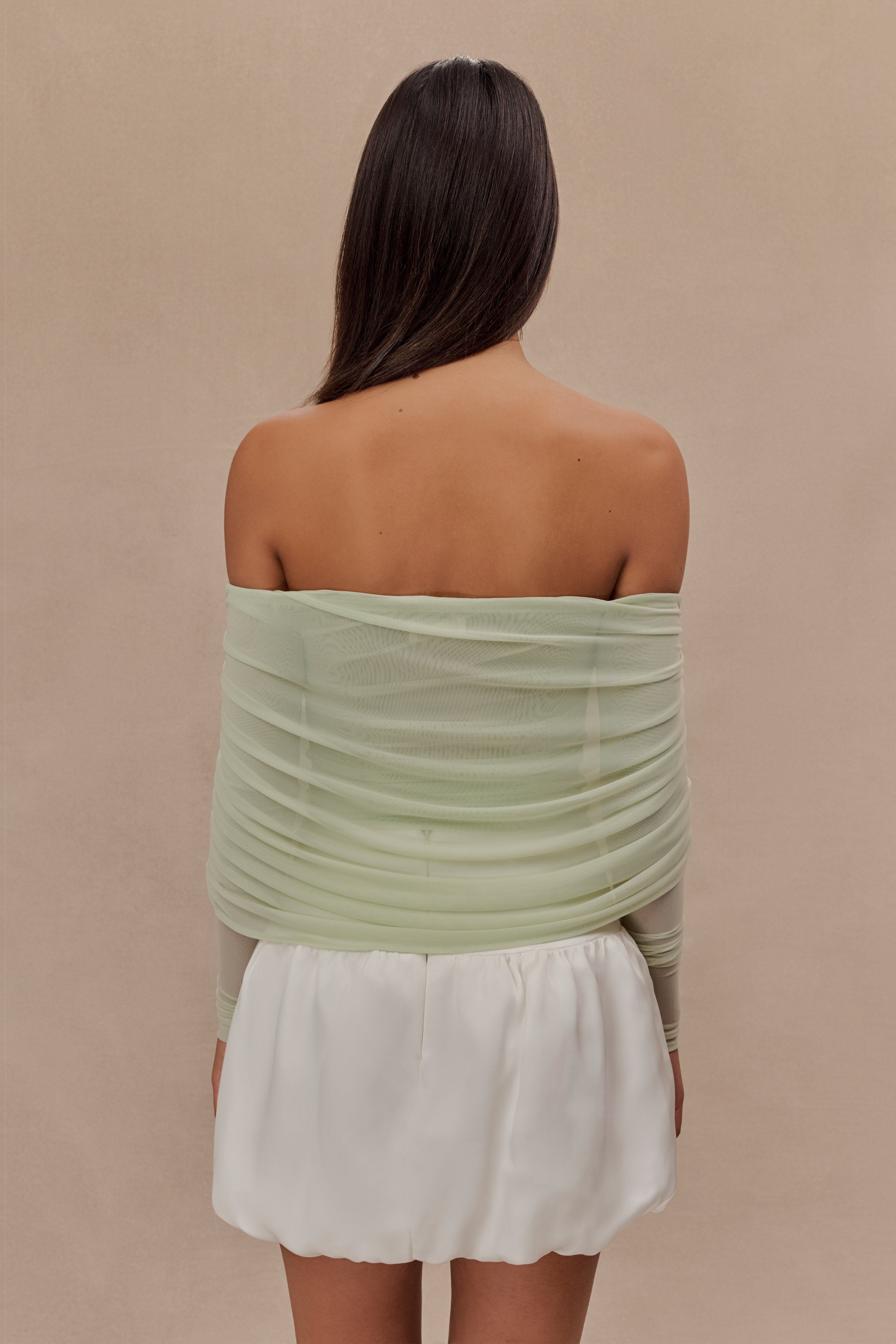 Green Sheer Mesh Off Shoulder Top