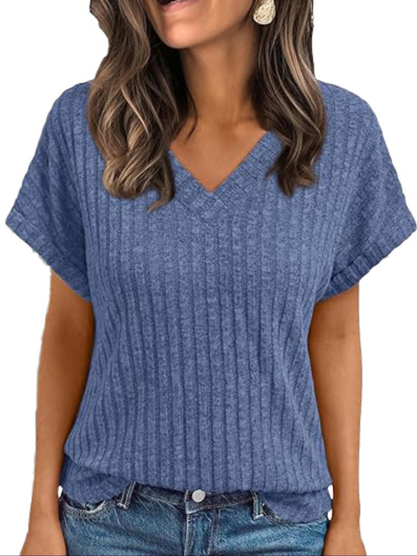 Ribbed Knit V-Neck Relaxed Fit T-Shirt