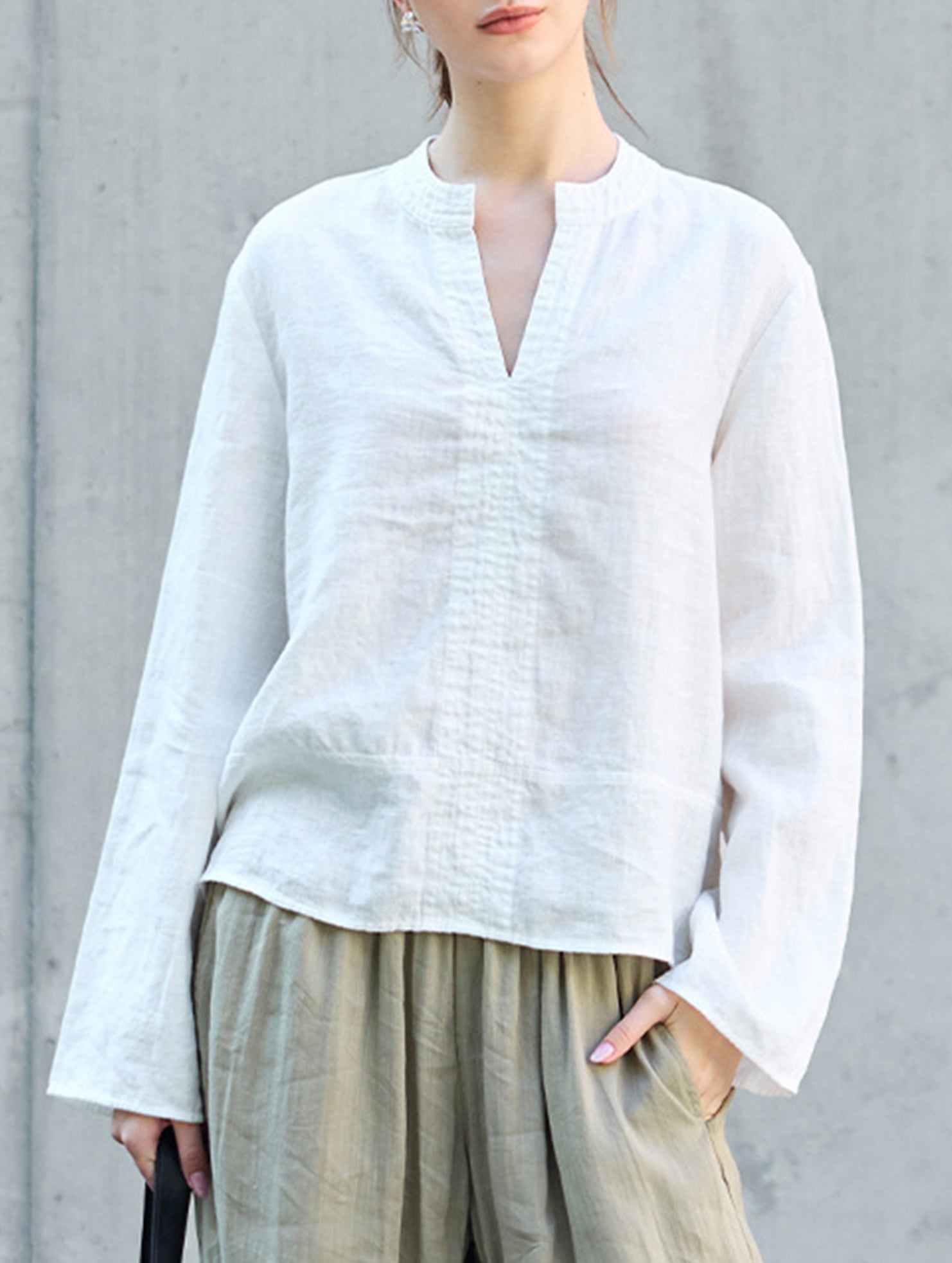 Pure Linen V Neck Long Sleeve Work Tee_CWTBLL02353