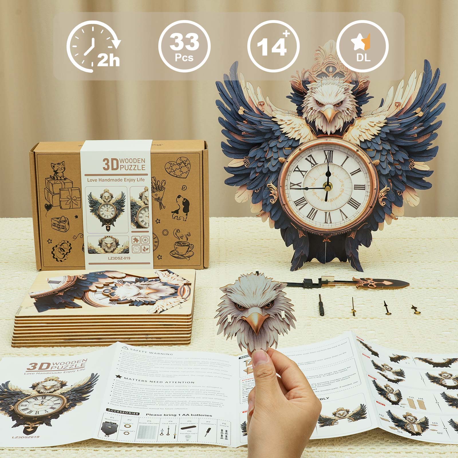 Eagleâ€“ DIY Wooden Clock, 3D Puzzle Craft Kit