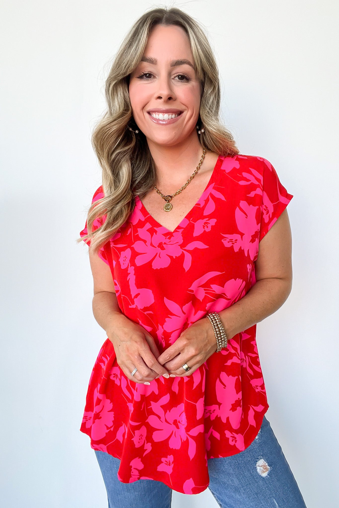 V-Neck Floral Cap Sleeve Top