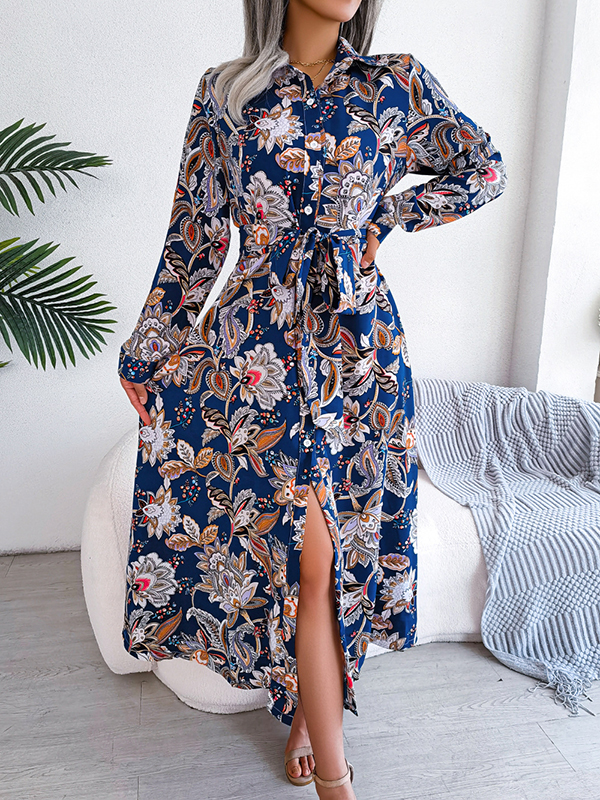 Buttoned Flower Print Tied Waist Long Sleeves Lapel Maxi Dresses