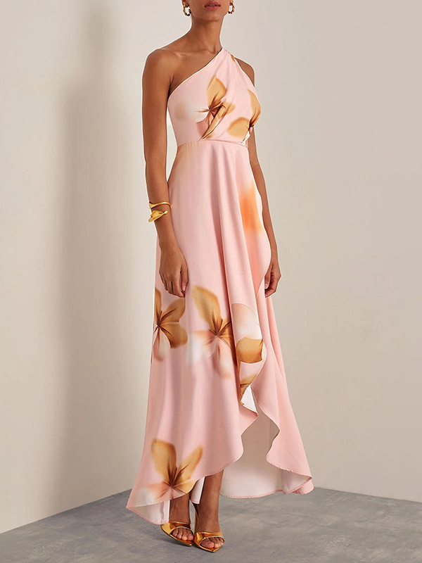 Flower Printed Off-The-Shoulder Asymmetric Split-Side Elegant Evening Maxi Dresses