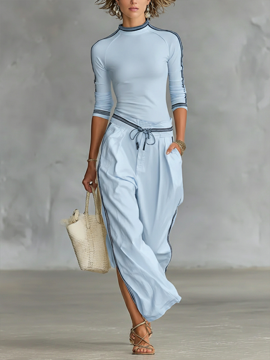 Cozy Stretch Knit Top And Linen And Cotton Trousers Two-piece Set