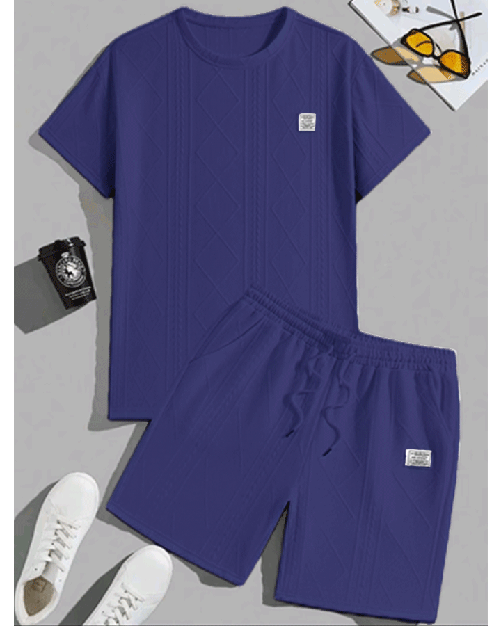Men’s Textured Summer Two-Piece Set – Short Sleeve Tee & Drawstring Shorts