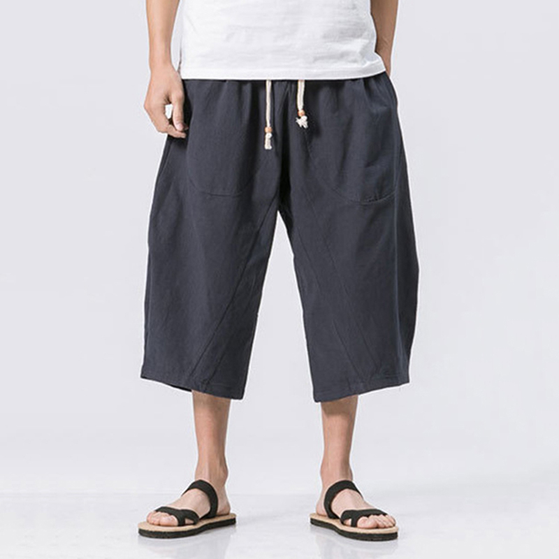 Men's Vintage Japanese Pocket Cotton Linen Casual Capri Pants