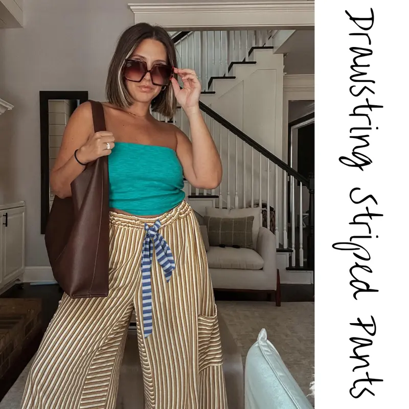 Women Drawstring Striped Pants Loose Wide Leg Lounge Pants Casual Palazzo Pants Trousers with Pockets Bottom Oversize