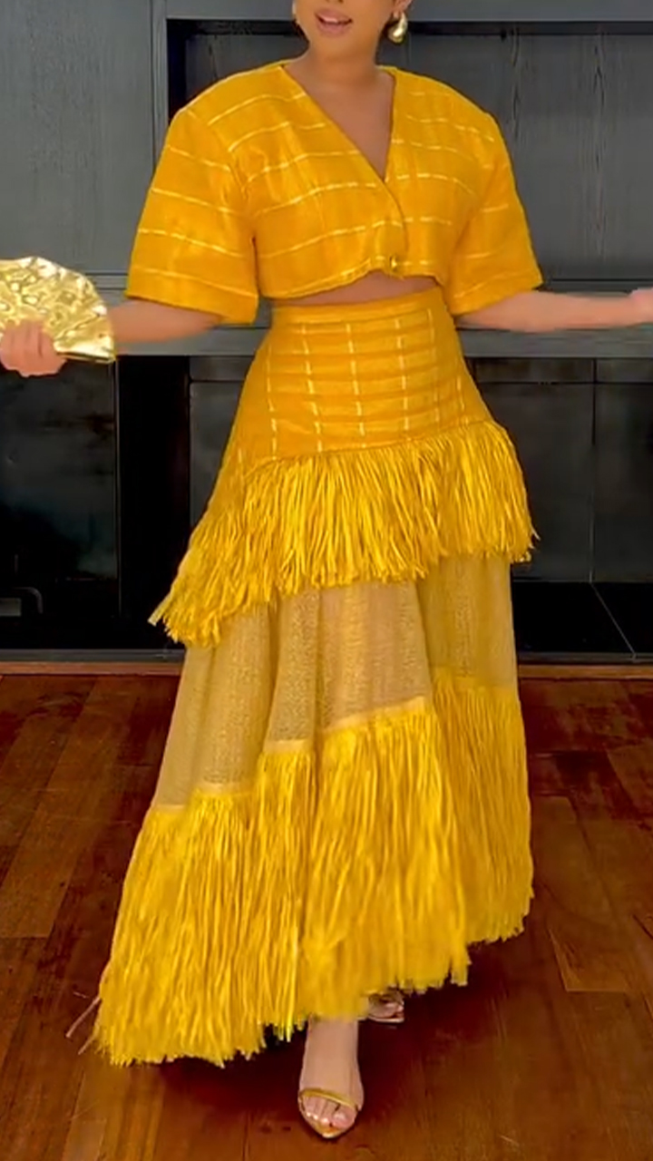 Women V-neck Striped Top + Patchwork Tassel Half Skirt Dinner Party Style Set