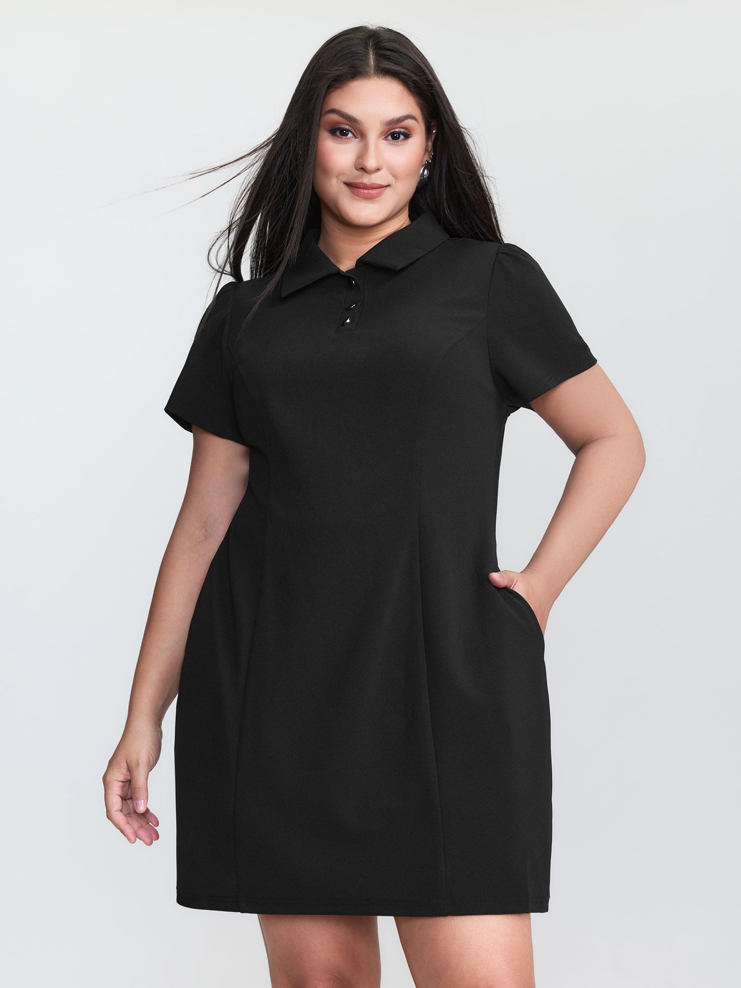 Polo Collar Button Detail Pockets Knee Dress
