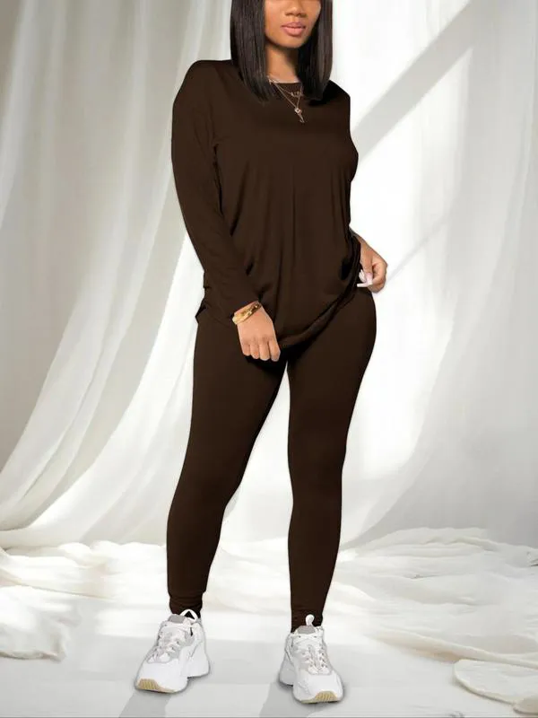 Women’s Two-Piece Set – Long Sleeve Tee & Elastic Waist Pants, Casual Outfit for Daily Wear