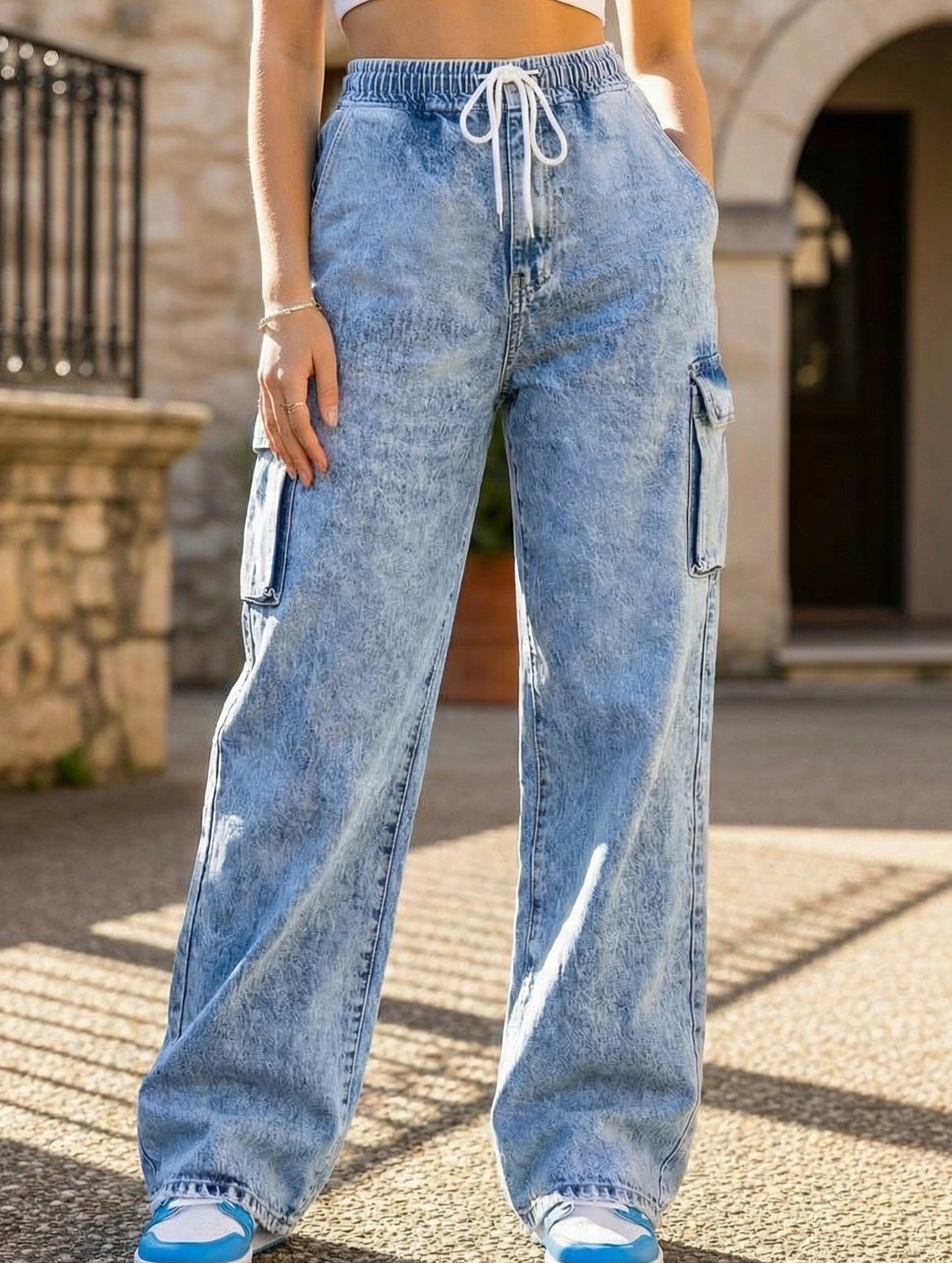 Women's elastic waistband drawstring jeans_CWJP00874