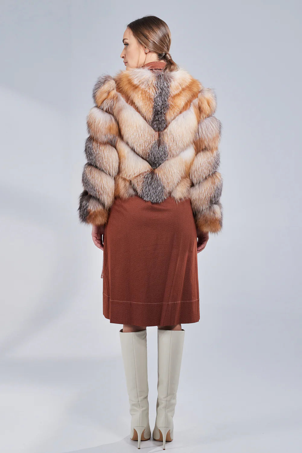 Haină din Blană Naturală de Vulpe, V Model, Transformabilă, Femei, Brown Frost 275