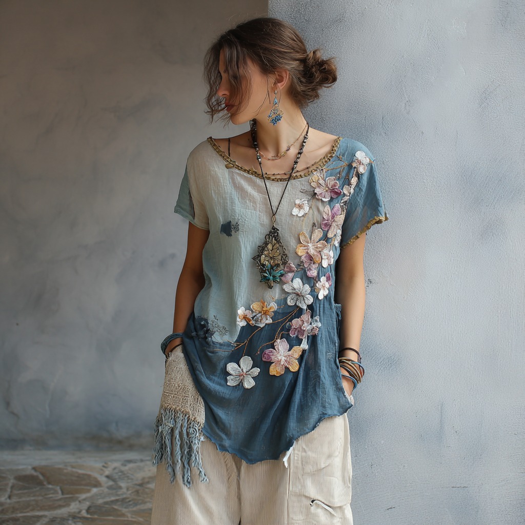 Women's Vintage Cherry Blossom Pattern Crew Neck T-shirt