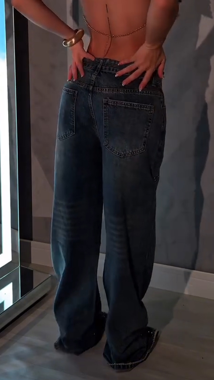 Women Rhinestone Washed Casual Jeans