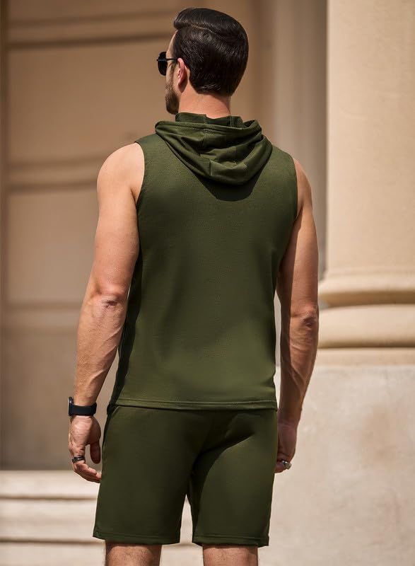 Men's Hoodie Short Set Workout Hooded Tank Top Solid Color 2 Piece Outfit Summer Sleeveless Tracksuits