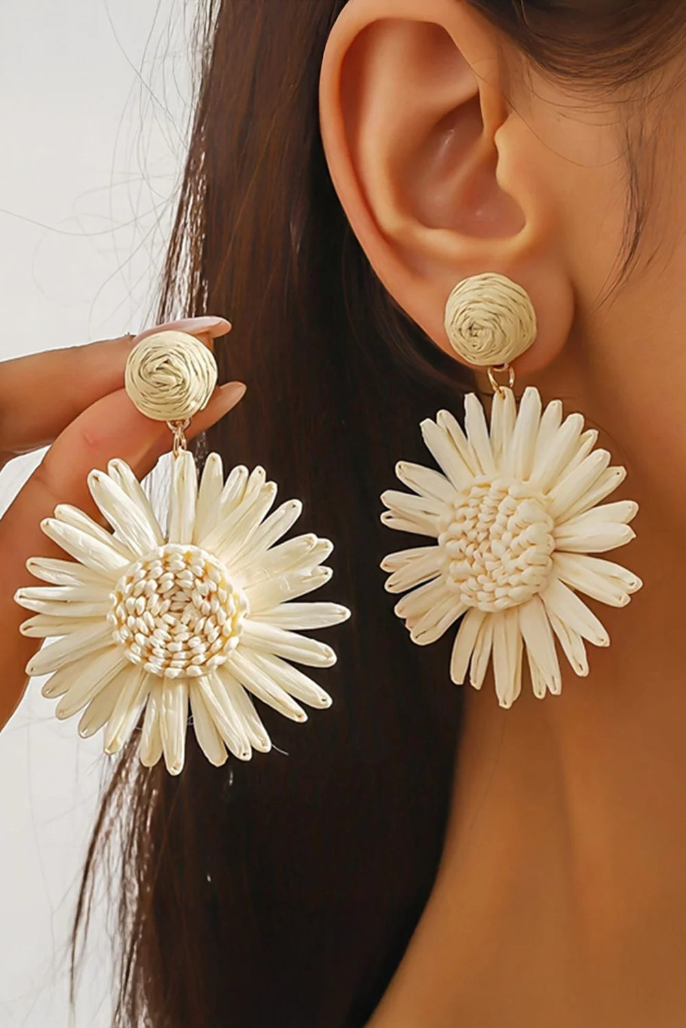 White Boho Raffia Crochet Sunflower Dangle Earrings