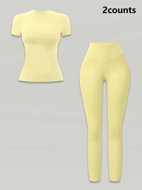 Women's Solid Ribbed Long Sleeve Tee & Leggings Sport Set