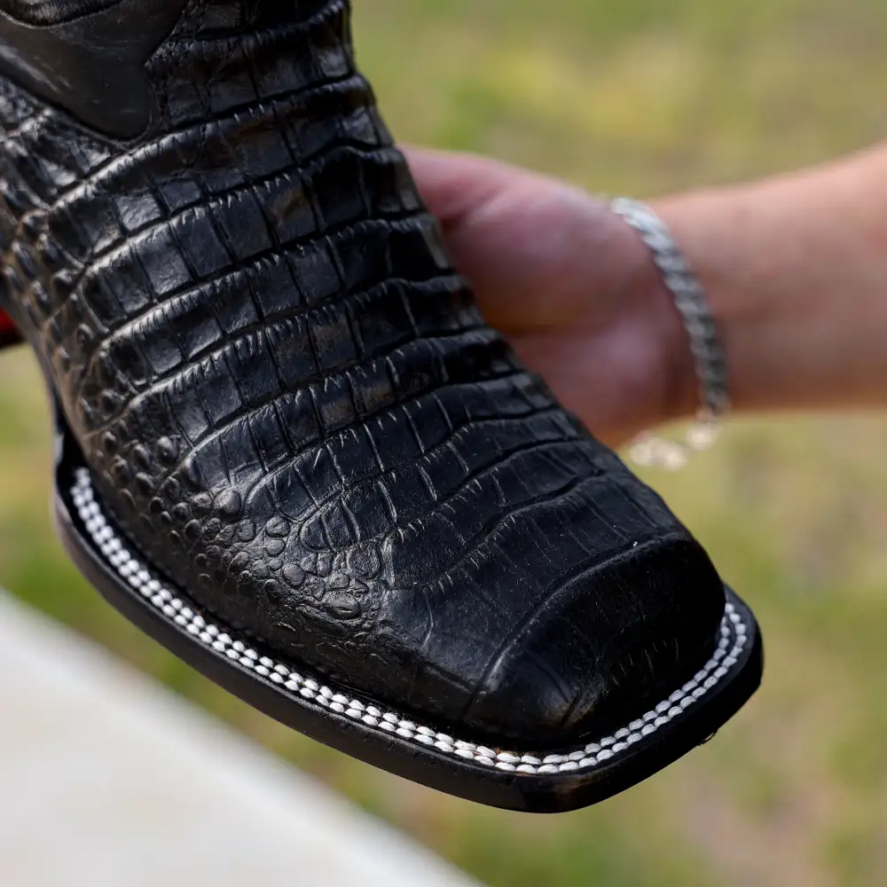 Black Caiman Belly Leather Boots - Square Toe