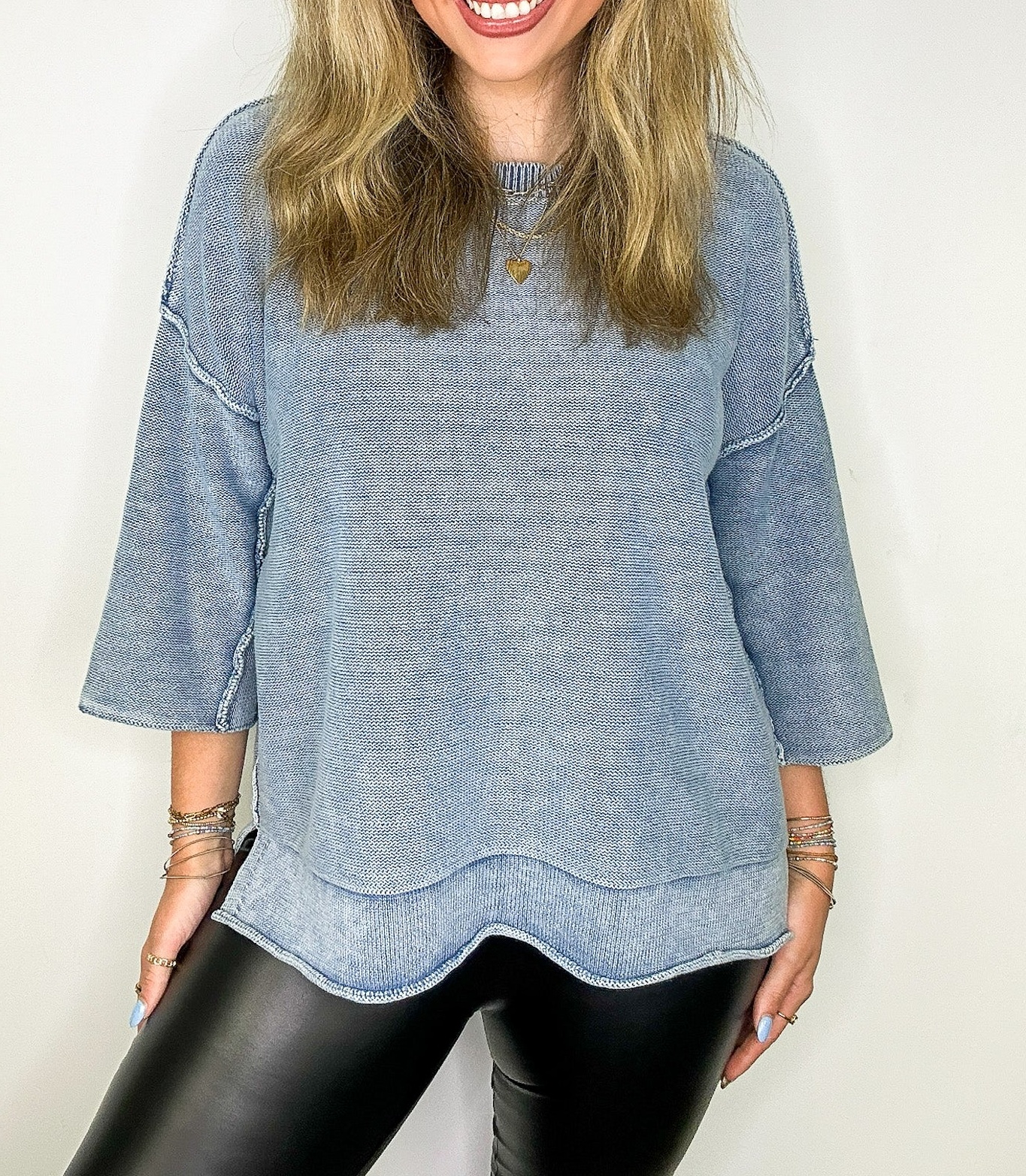 Cozy Fade Washed 3/4 Sleeve Relaxed Sweater