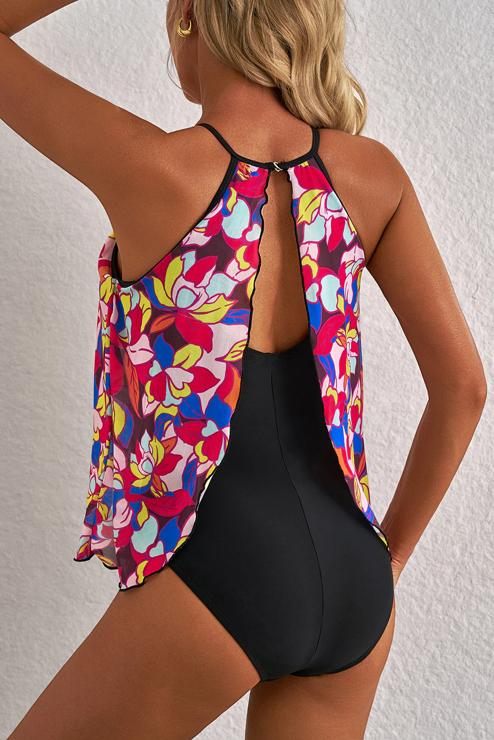 Purple Floral Print O Neck Open Back One Piece Swimsuit