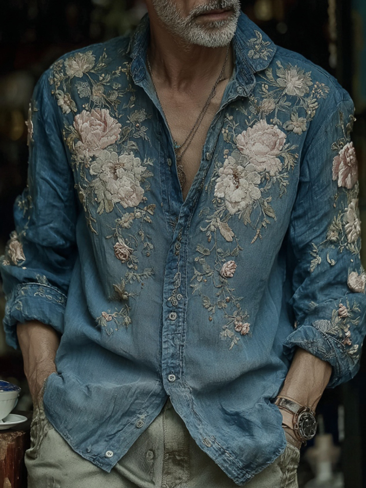 Men's Vintage Japanese Floral Art Casual Button Linen Shirt