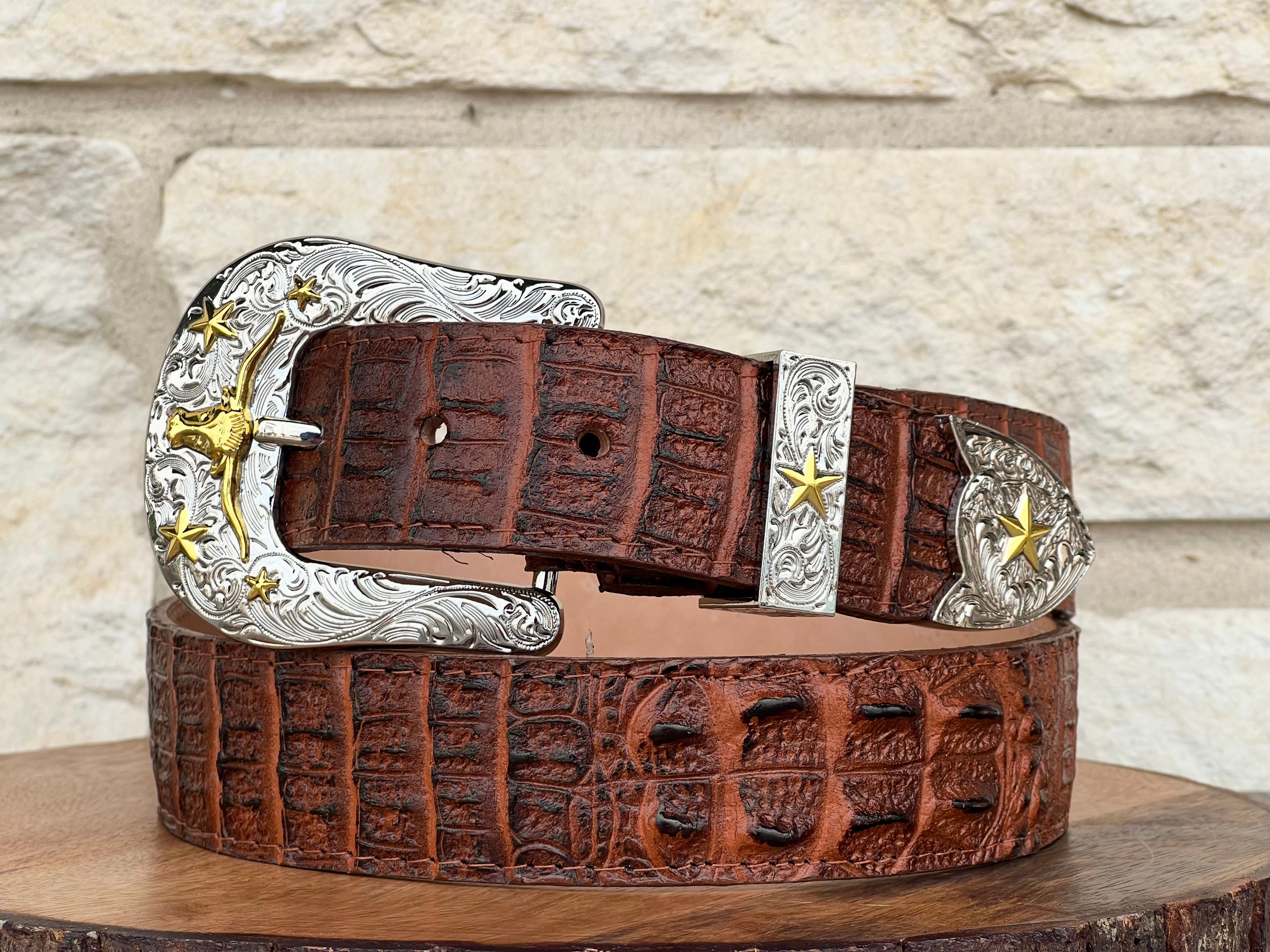 Cognac Caiman Leather Belt