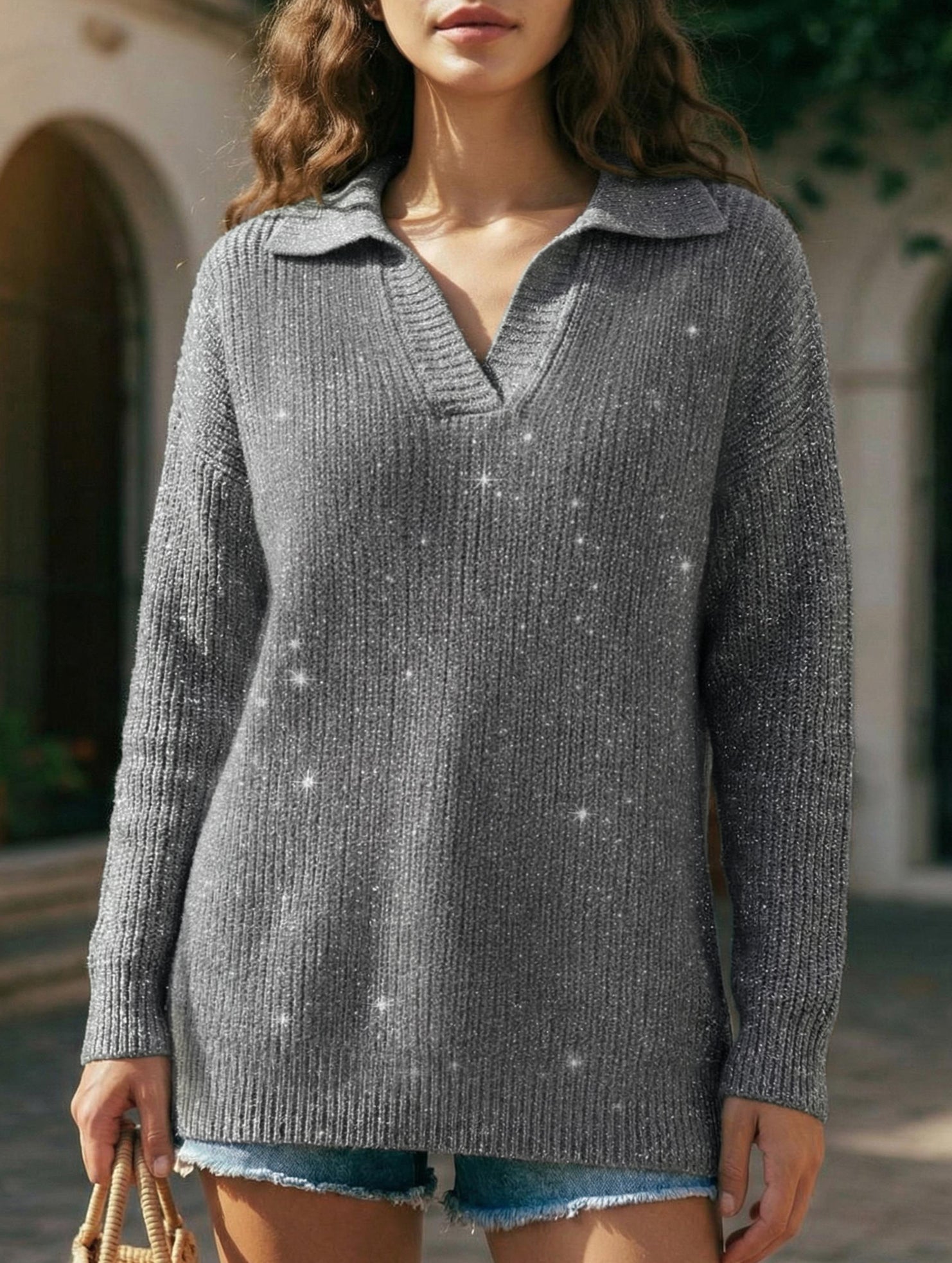 Loose-fitting, silver-threaded, sparkly T-shirt_CWOSWL09205