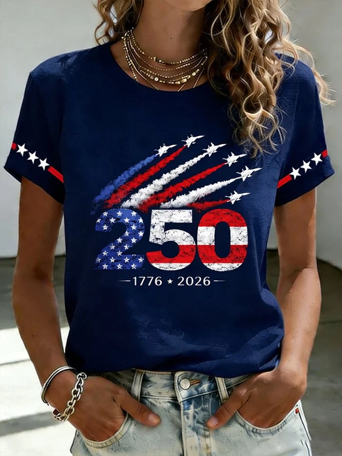 American Women's Casual American Flag Printed Round Neck T-shirt