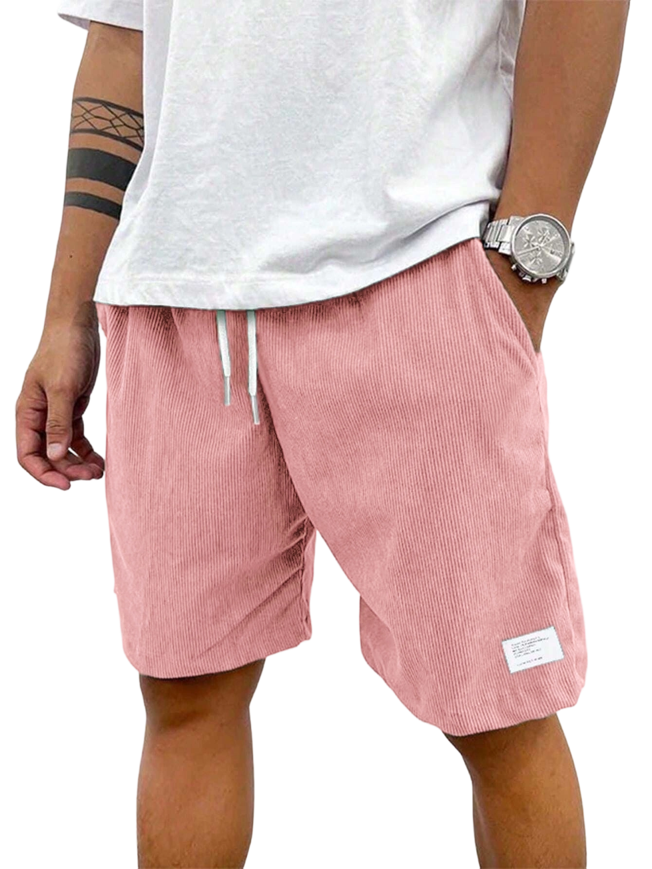 Men's Solid Patched Drawstring Waist Shorts