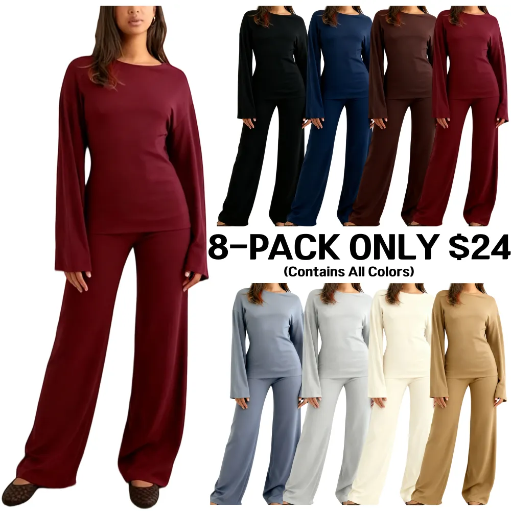 Women's Fall Round Neck Flare Top & Elastic-Waist Pants Set