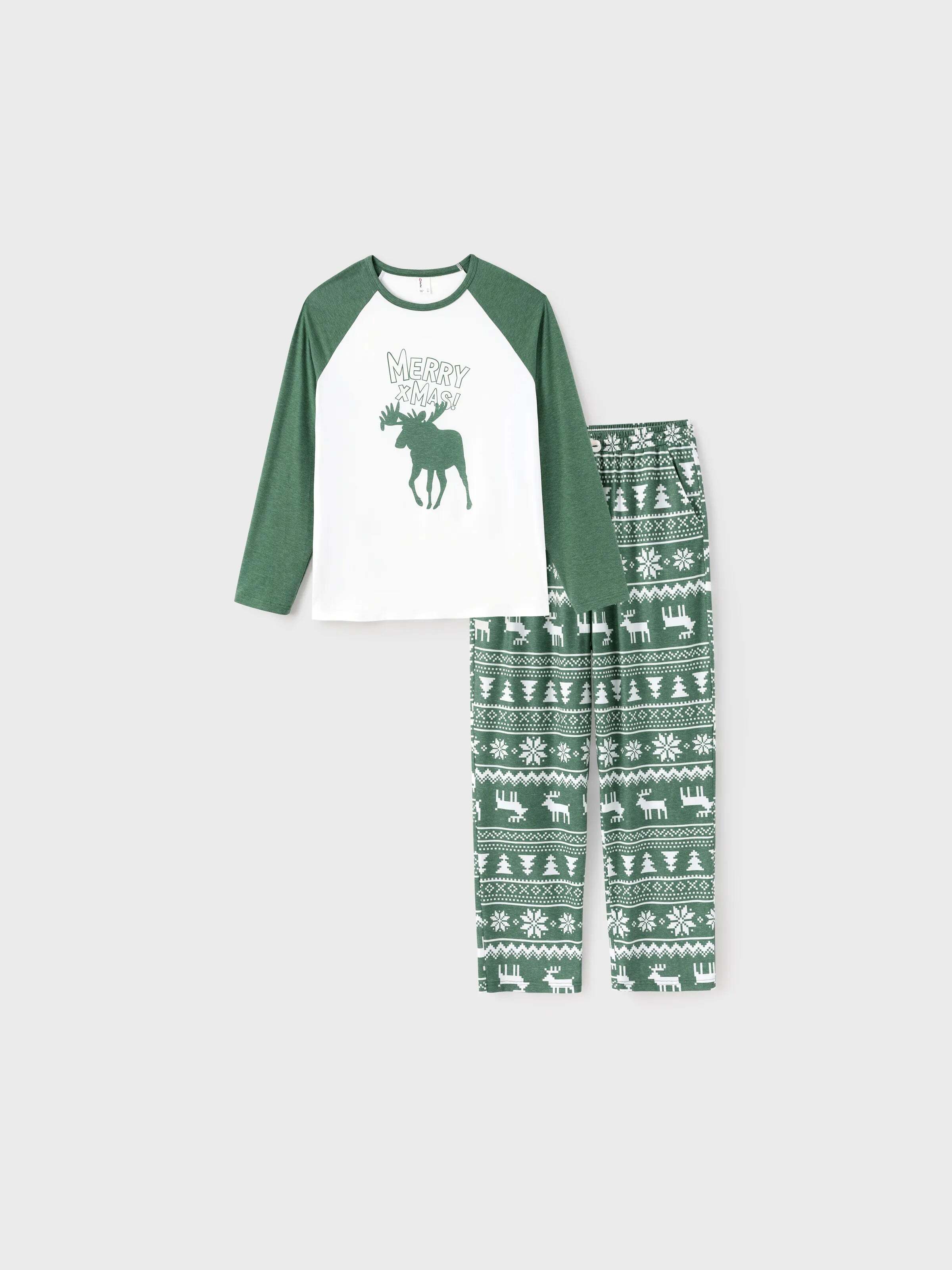 Christmas Matching Family Pajamas Set Reindeer and Snowflake Green Print PJS with Christmas Socks Dark Green
