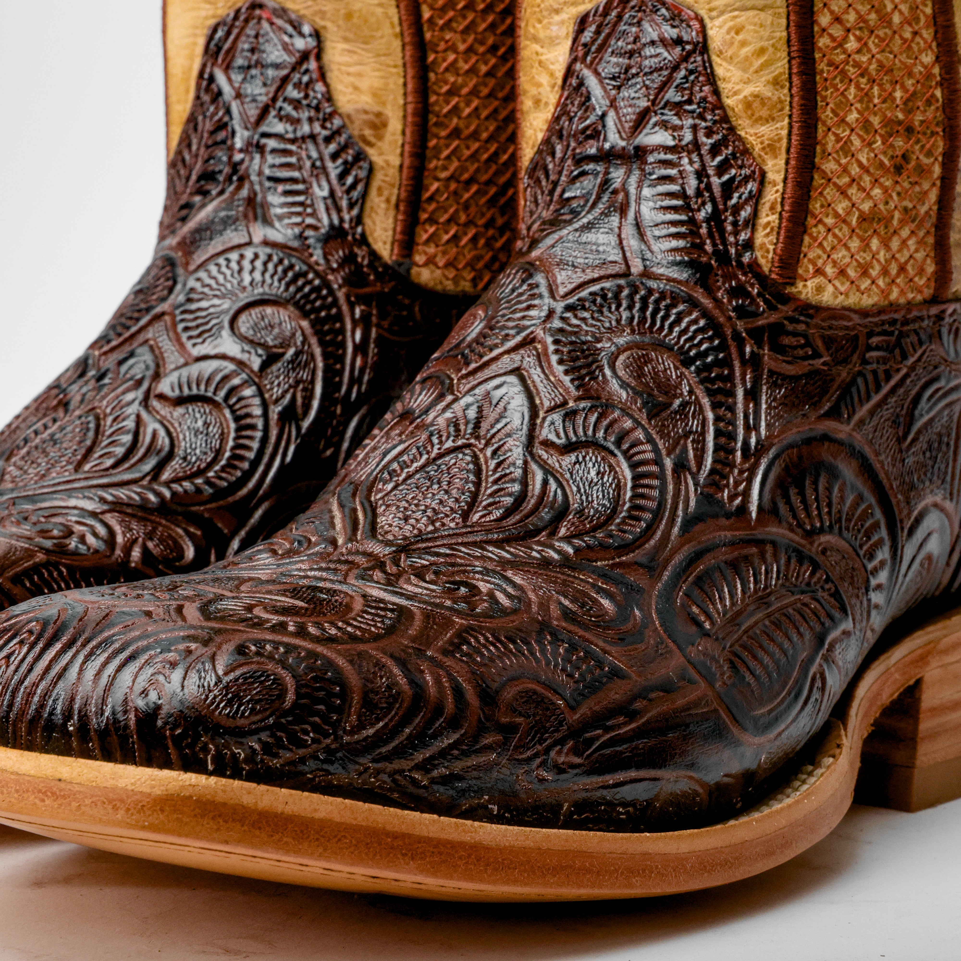 Brown Hand-Tooled Leather Boots - Square Toe