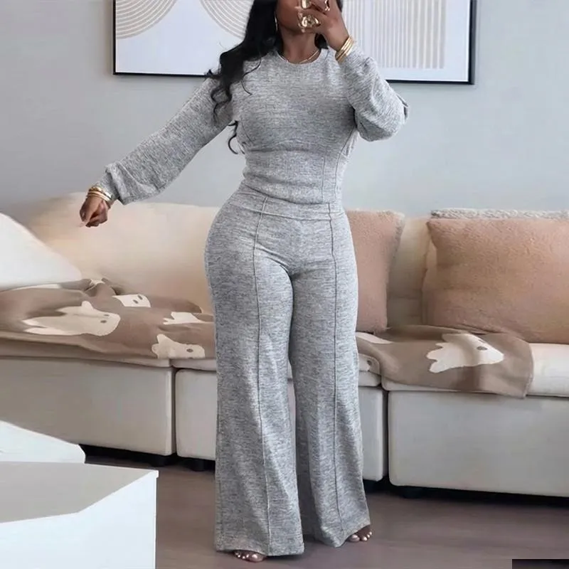 Women's 2 Pieces Outfit O-neck Long Sleeve Cinched Waist Sweatshirt and Elastic Waist Wide Leg Pants Set