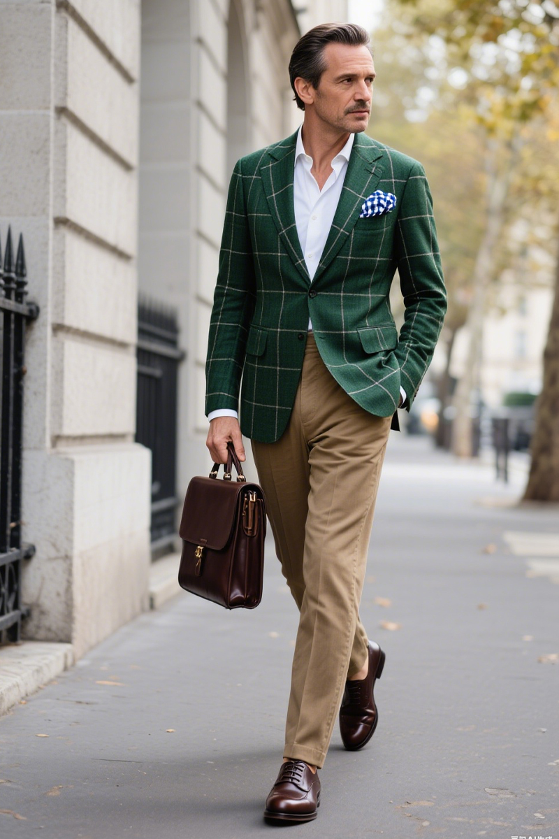 Men's Green Plaid Single-Breasted Blazer