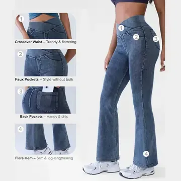 High Waisted Bootcut Flare Denim Jeans for Women - Crossover Waist & Illusion Pocket Design
