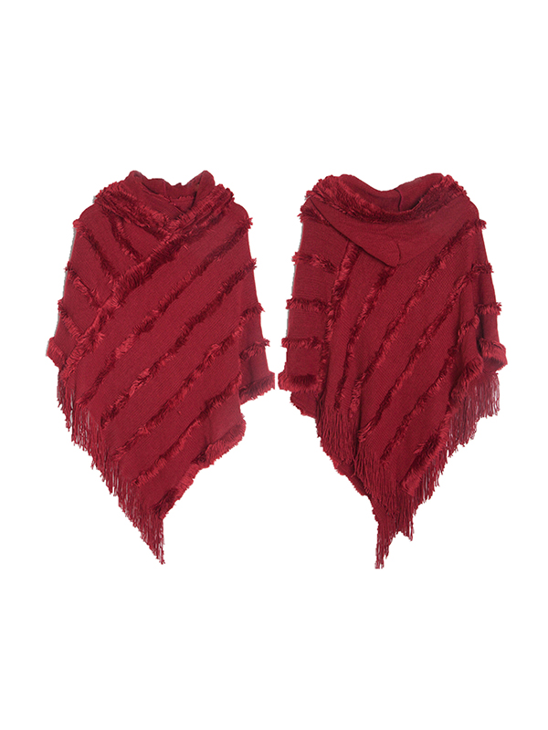 Hooded Keep Warm Solid Color Tasseled Shawl&Cloak Cape