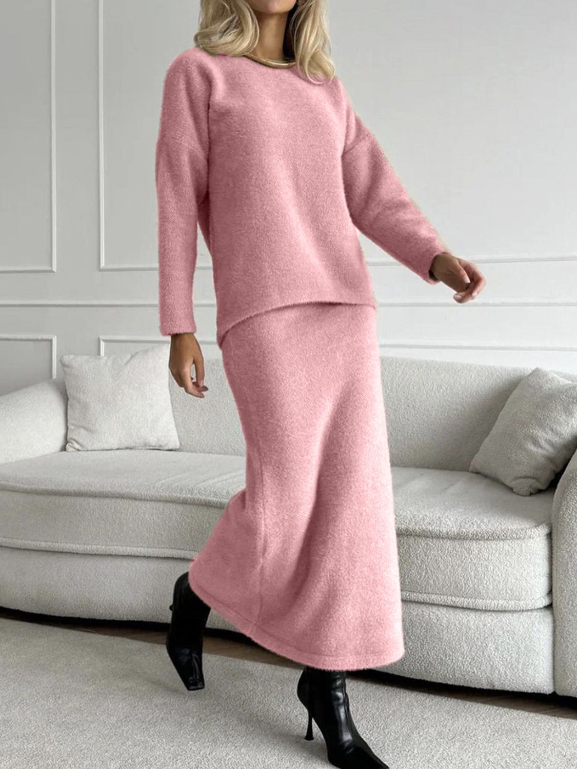 Round Neck Dropped Shoulder Top And Midi Skirt Sweater Set