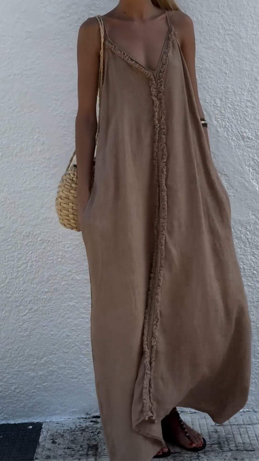 Casual Cotton and Linen Holiday Suspender Dress