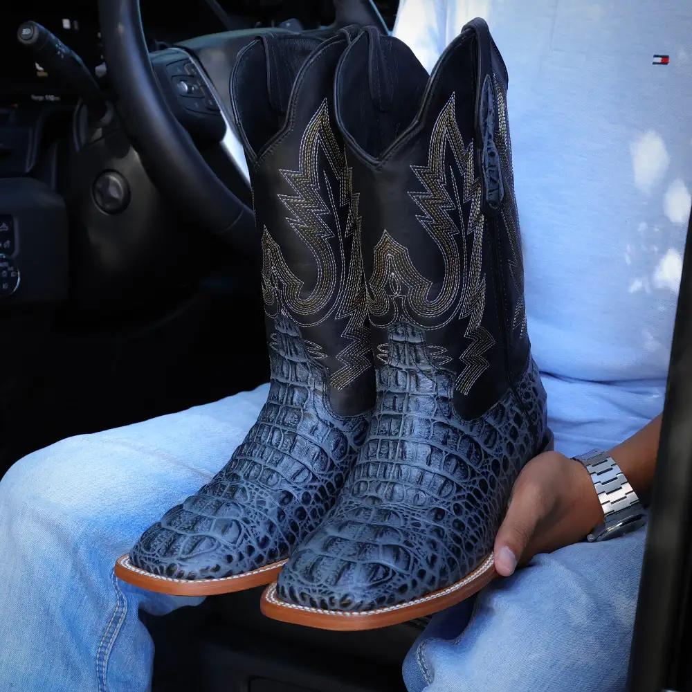 Grey Caimán Neck Leather Boots With Black Shaft — Square Toe