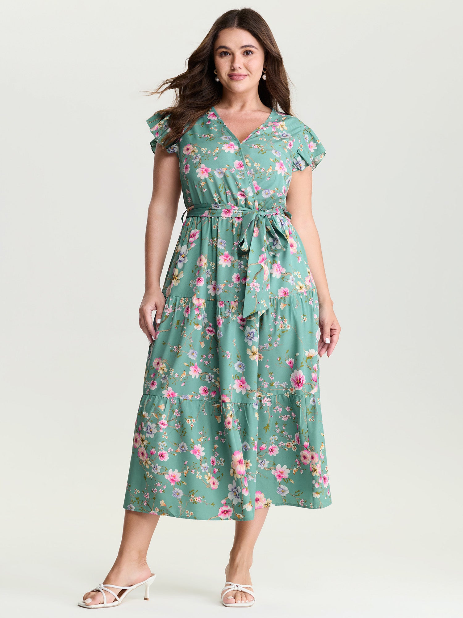 Playful Floral Print Flutter Sleeve Maxi Dress