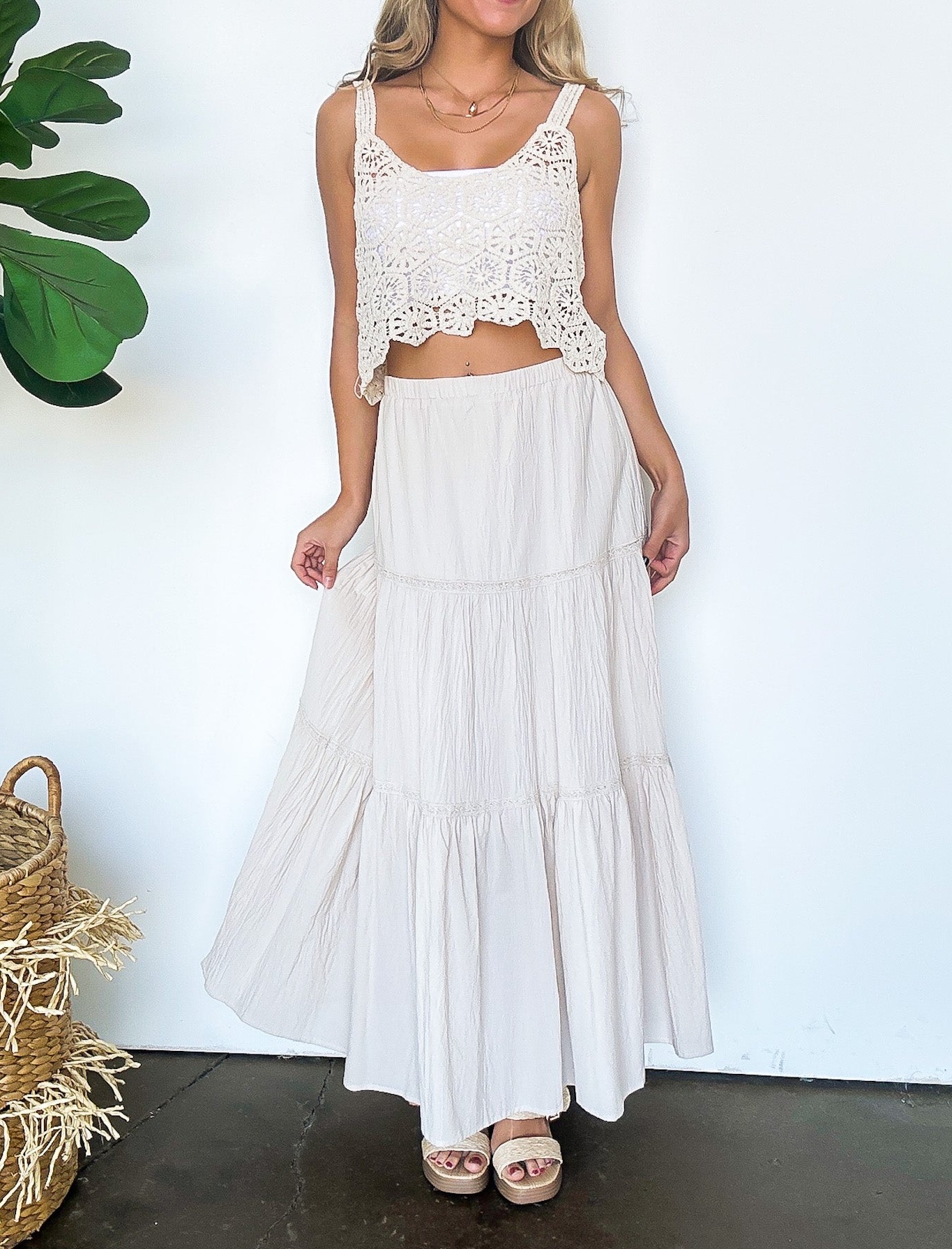 Crochet Detail Tiered Maxi Skirt