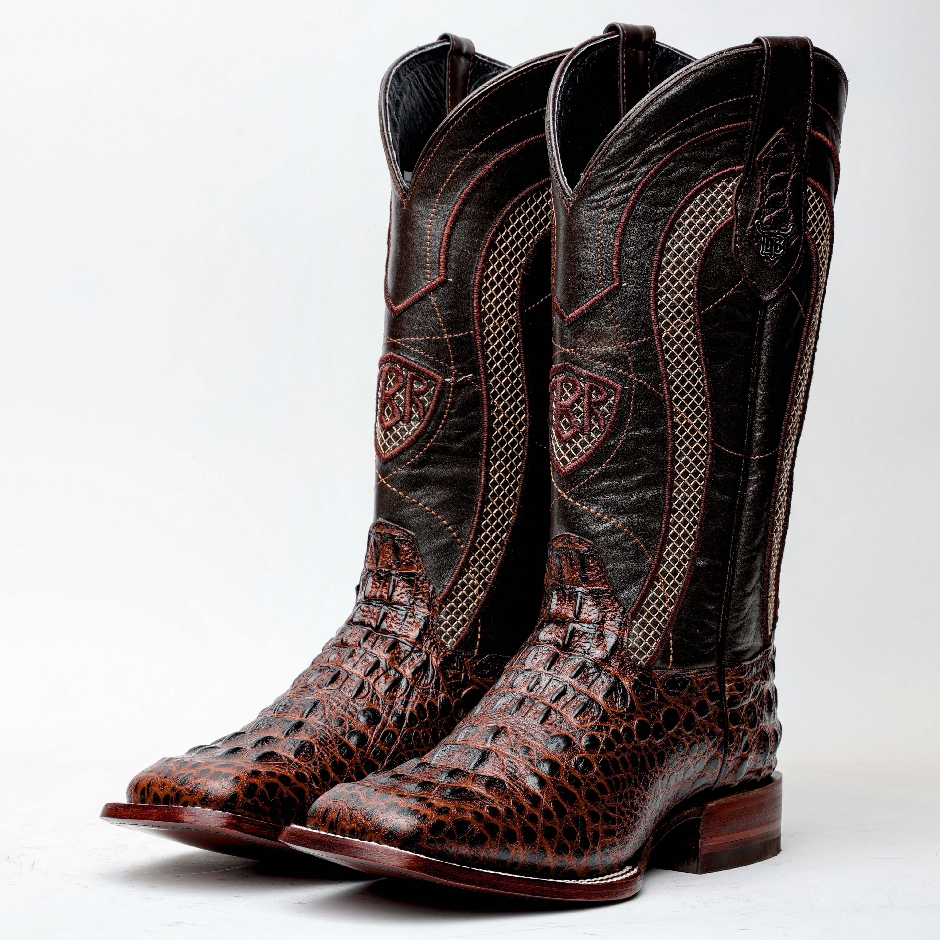 Brown Caiman Neck Leather Boots - Square Toe