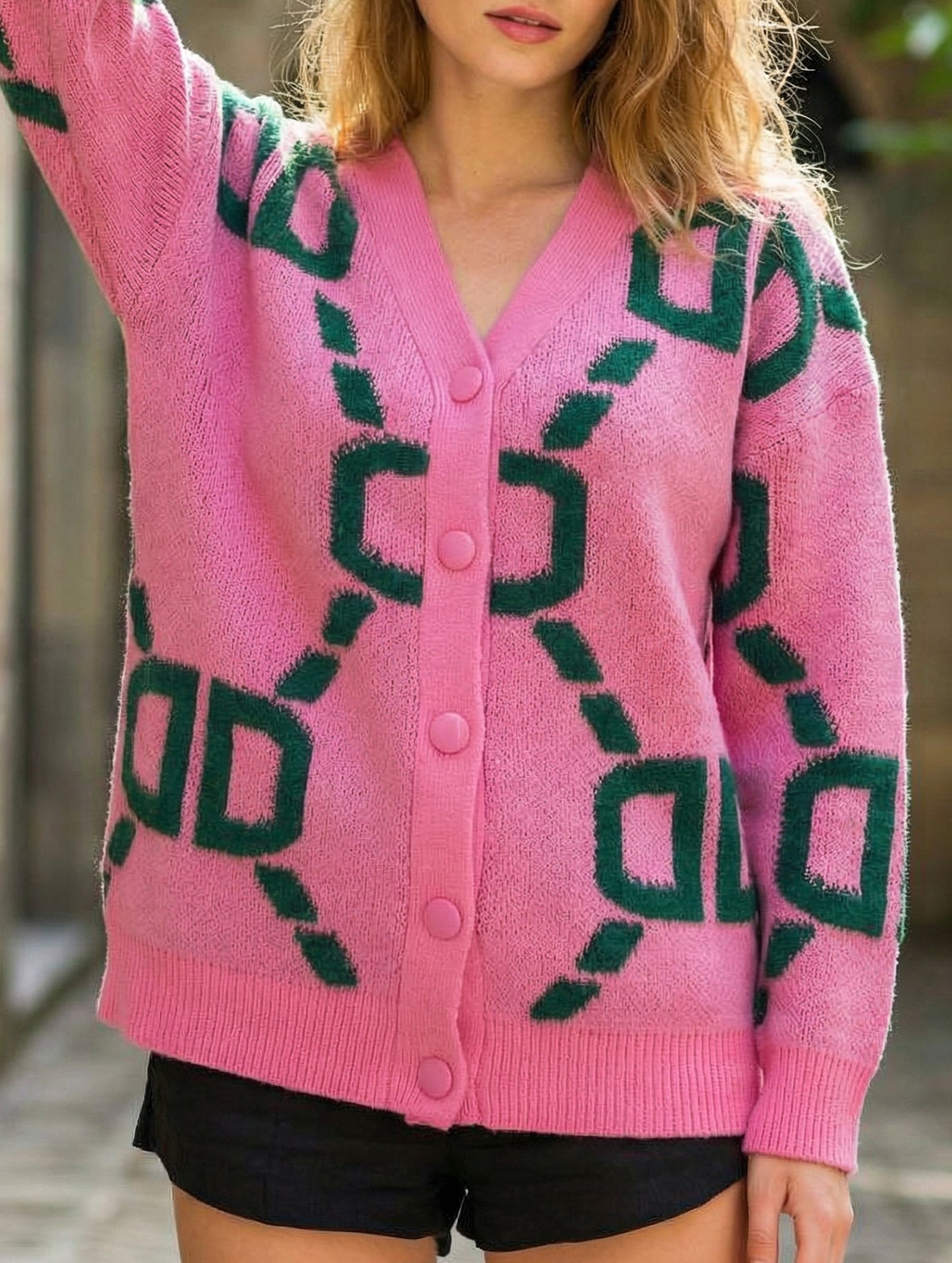 Letter Embroidered Button Knit Long Cardigan