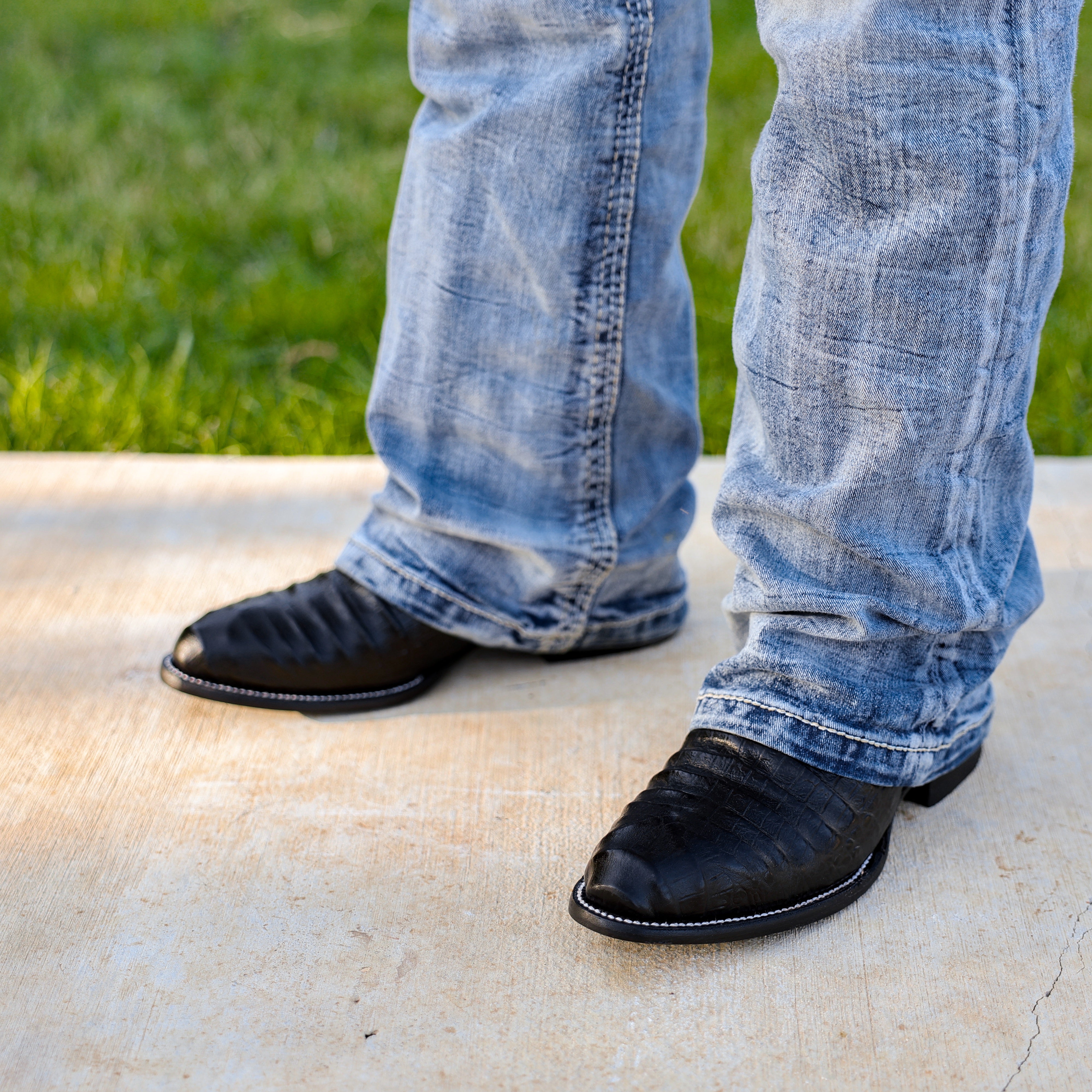 Black Caiman Belly Leather Boots - Round Toe