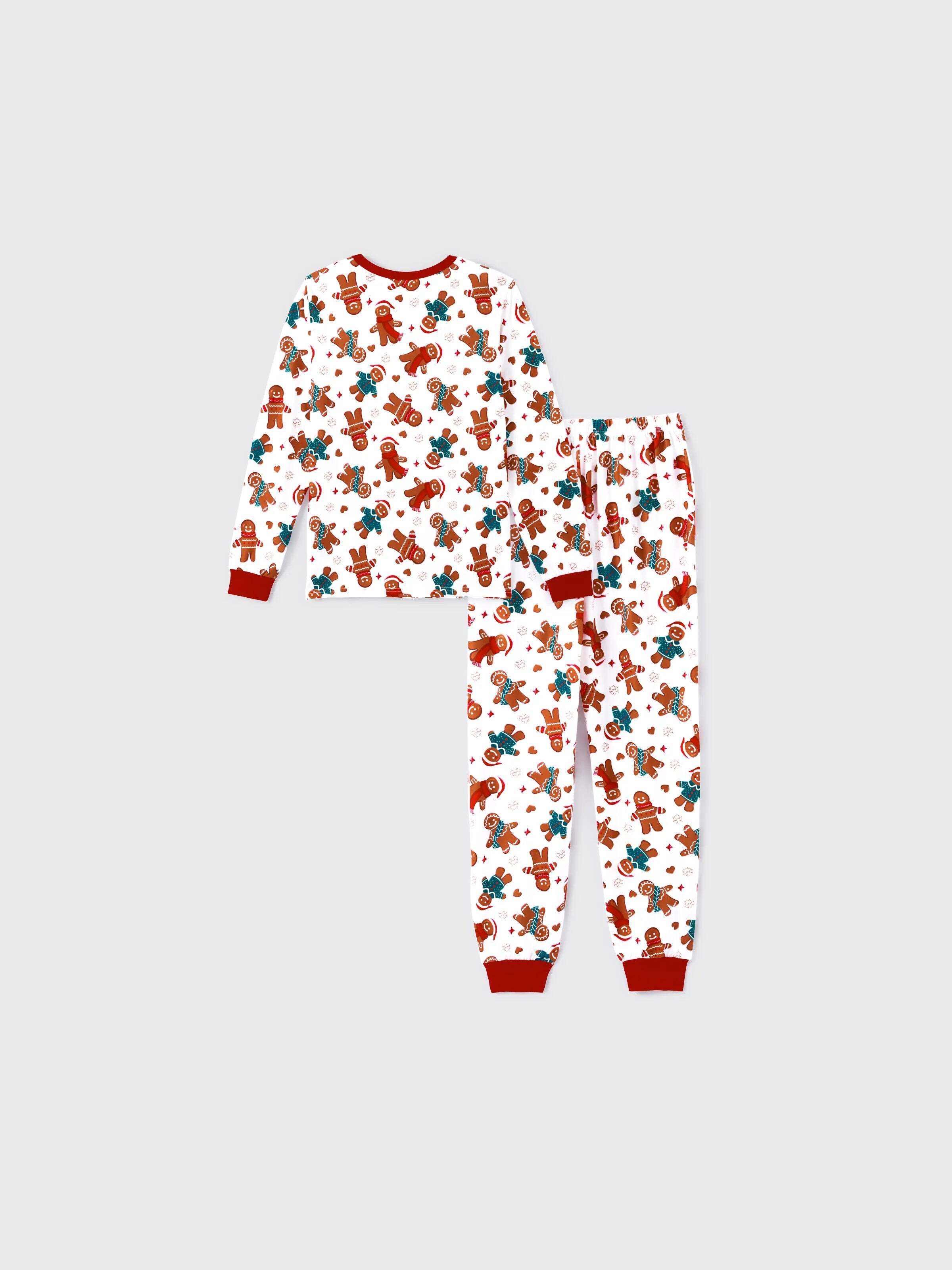 Christmas Family Matching Cartoon Gingerbread Man Allover Print Pajamas Sets with Christmas Socks White
