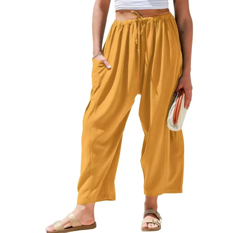 TARSE Women's Linen Wide Leg Pants – Casual Loose-Fit Palazzo Harem Pants with Pockets for Summer Beach Outfits