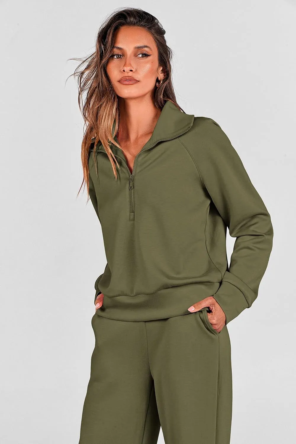 🔥Final Day Clearance!🛒Women's 2 Piece Outfits Casual Lapel Half Zip Sweatshirts And Wide Leg Pants Tracksuit Sets